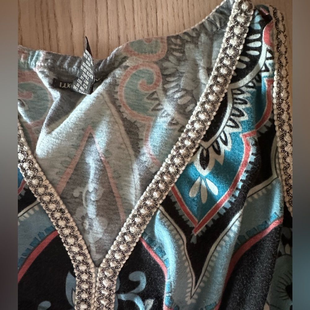 Lucky Brand Boho V neck sleeveless maxi dress, silver & bold blue print - Size S - Picture 3 of 5